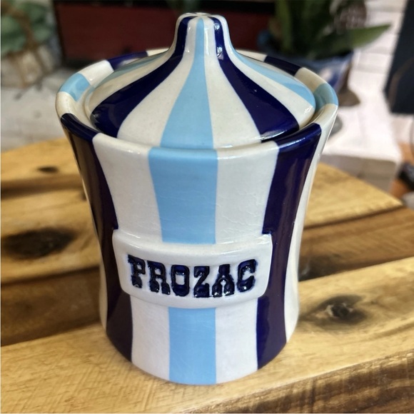 Rare Jonathan Adler PROZAC Vice Canister Striped Blue Jar Pot Porter - Picture 2 of 12